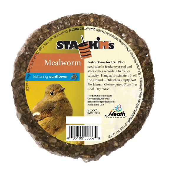 Heath Manufacturing SC-57: 7-ounce Mealworm & Sunflower Chips Stack'Ms Seed Cake - 6-pack Case