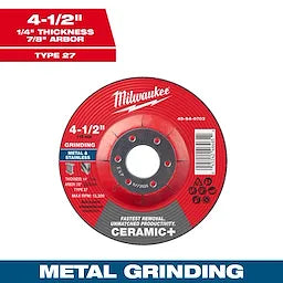 Milwaukee 4-1/2 x 1/4 x 7/8 Ceramic+ Metal Grinding Wheel - Type 27