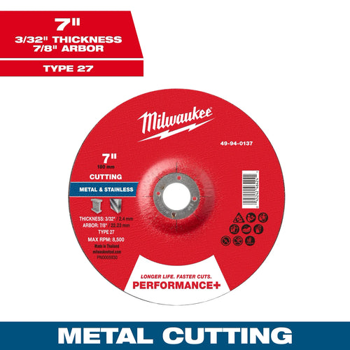 Milwaukee 7 x 3/32 x 7/8 Performance+ Metal Cut Off Wheel - Type 27