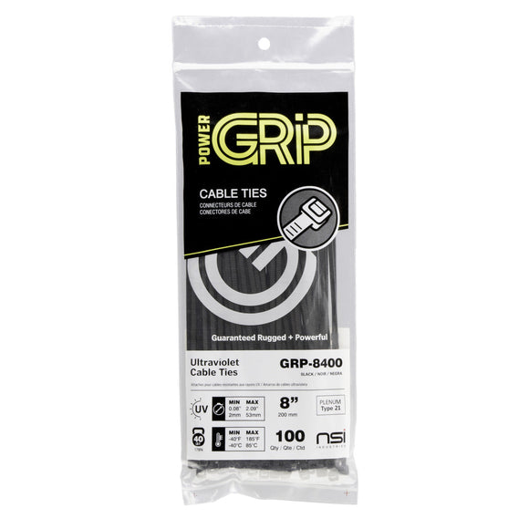 NSI PowerGRP 8”, Black General Purpose 40lb Cable Ties, 100 Pack